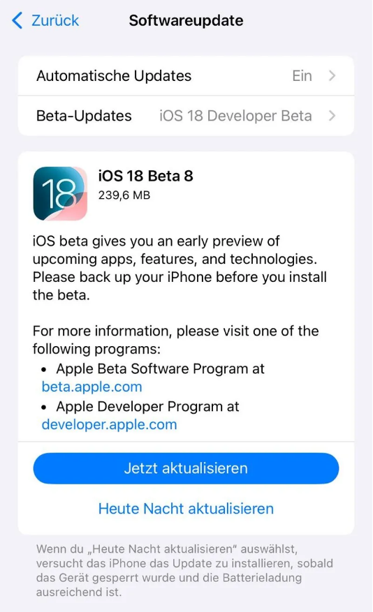 涟水苹果手机维修分享苹果 iOS / iPadOS 18 开发者预览版 Beta 8 发布 